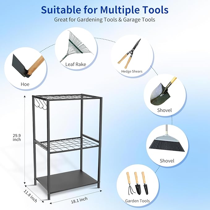 Garden Tool Organizer - Yard Tool Storage and Organizers, Utility Rack with 3 Hooks, Garden Yard Tool Stand Tower Racks, Tool Holder for Broom, Shovel, Rake, Mop, Garage Organization, Black