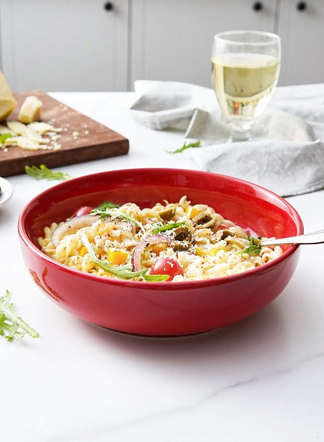 LE TAUCI Pasta Bowls 45 oz, Salad Bowls Set for Serving Soup, Pasta, Noodle, Dinner, Large Kitchen Bowl Plates, Microwave Safe - 8.5 Inch, Set of 4, Red