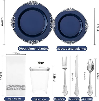 350 Pcs Blue Silver Plates for Graduation | Blue Party Plates Set for 50 Guests