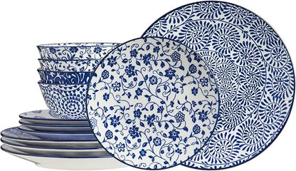 ONEMORE Ceramic Dinnerware Sets, 12 Piece Stoneware Plates and Bowls, Dish Sets for 4 - Scratch Resistant, Dishwasher & Microwave Safe, Vintage Blue