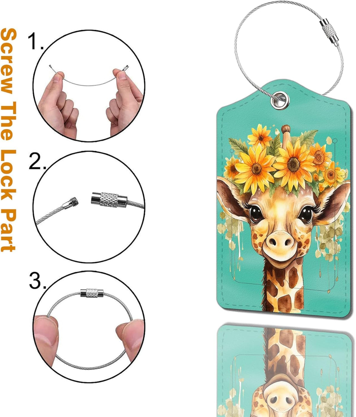 2 Pack Luggage Tag for Suitcase, Cute Unique Leather Bag Tags Identifiers Privacy Cover ID Label with Durable Steel Loop for Women Men Kids Girls Travel，GiraffeJ