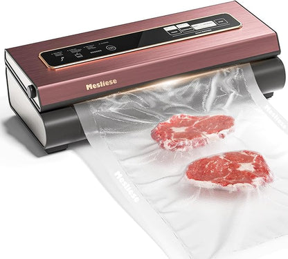 Mesliese Vacuum Sealer Machine Powerful 90Kpa Precision 6-in-1 Compact Vacuum Food Preservation System Built-in Cutter, 2 Bag Rolls & 5 Pre-cut Bags, Dry&Moist Modes Smart Suction, ETL Listed (Pink)