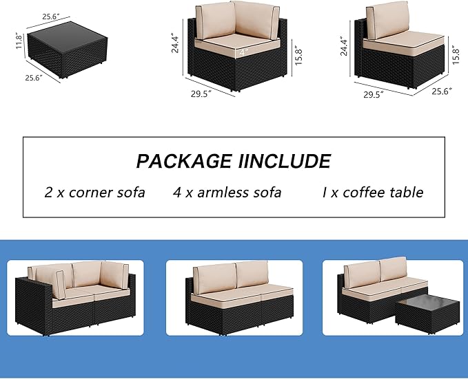 Shintenchi 7 Pieces Outdoor Patio Sectional Sofa Couch, Wicker Furniture