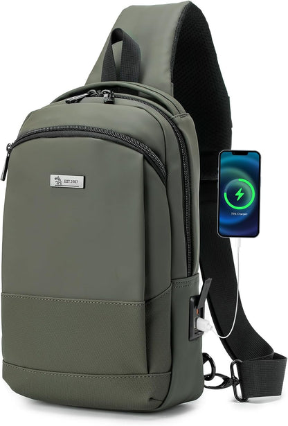 Sling Bag for Men, Anti-theft Crossbody Bag with USB Charging Port, PU Leather Shoulder Bag for Women Travel Outdoor Casual Sports Daypacks