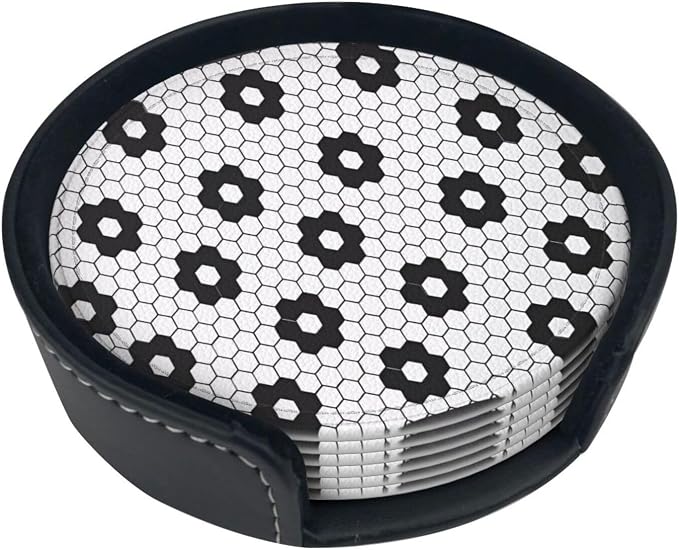 6 Pcs Black White Flower Hex Tile Print Floor Leather Coasters