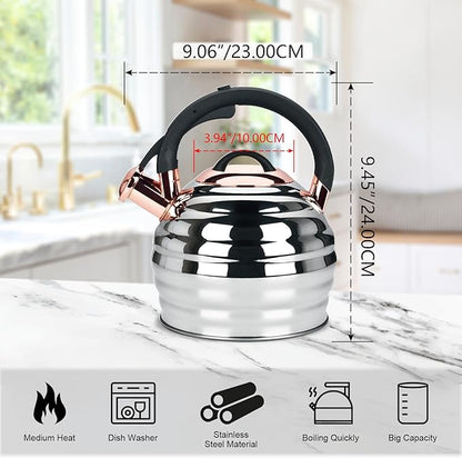 Tea Kettle for Stove Top Whistling Teapot, 3.2Q Tea Pot Stainless Steel Teakettle with Heat Proof Ergonomic Handle