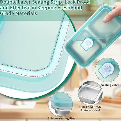 3 Pack Leakproof Stainless Steel Snack Containers with Secure Sealed Lids, Reusable 2 Compartment Bento Boxes for Lunch Prep, Travel, School & Office Stainless Steel Lunch Box