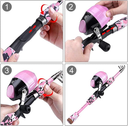 ODDSPRO Kids Fishing Pole Pink, Portable Telescopic Fishing Rod and Reel Combo Kit - with Spincast Fishing Reel Tackle Box for Girls, Youth