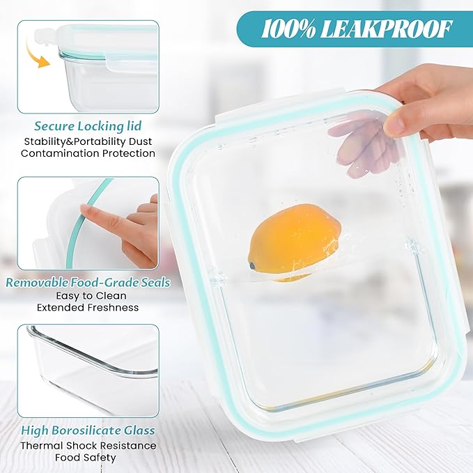 2Pack 9.8 Cups/ 78 Oz Large Glass Food Storage Containers with Lids, Glass Meal Prep Containers with Airtight Lids - BPA Free, Leakproof, Ideal for Food Storing/Serving, Microwave/Oven Safe