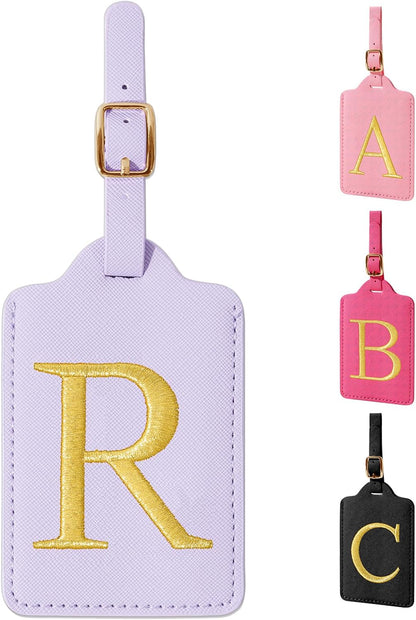 Personalized Initial Luggage Tags for Suitcase, Purple Leather Cute Luggage Tags with Privacy Cover Name Card, Embroidered Custom Monogrammed Luggage Tag Travel Backpack Tags Gifts for Women Kids(R)