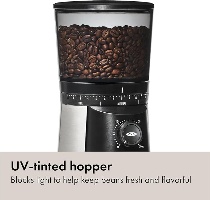 OXO Brew Conical Burr Coffee Grinder - Silver, Stainless Steel Burrs, One-Touch Automatic Smart Grind