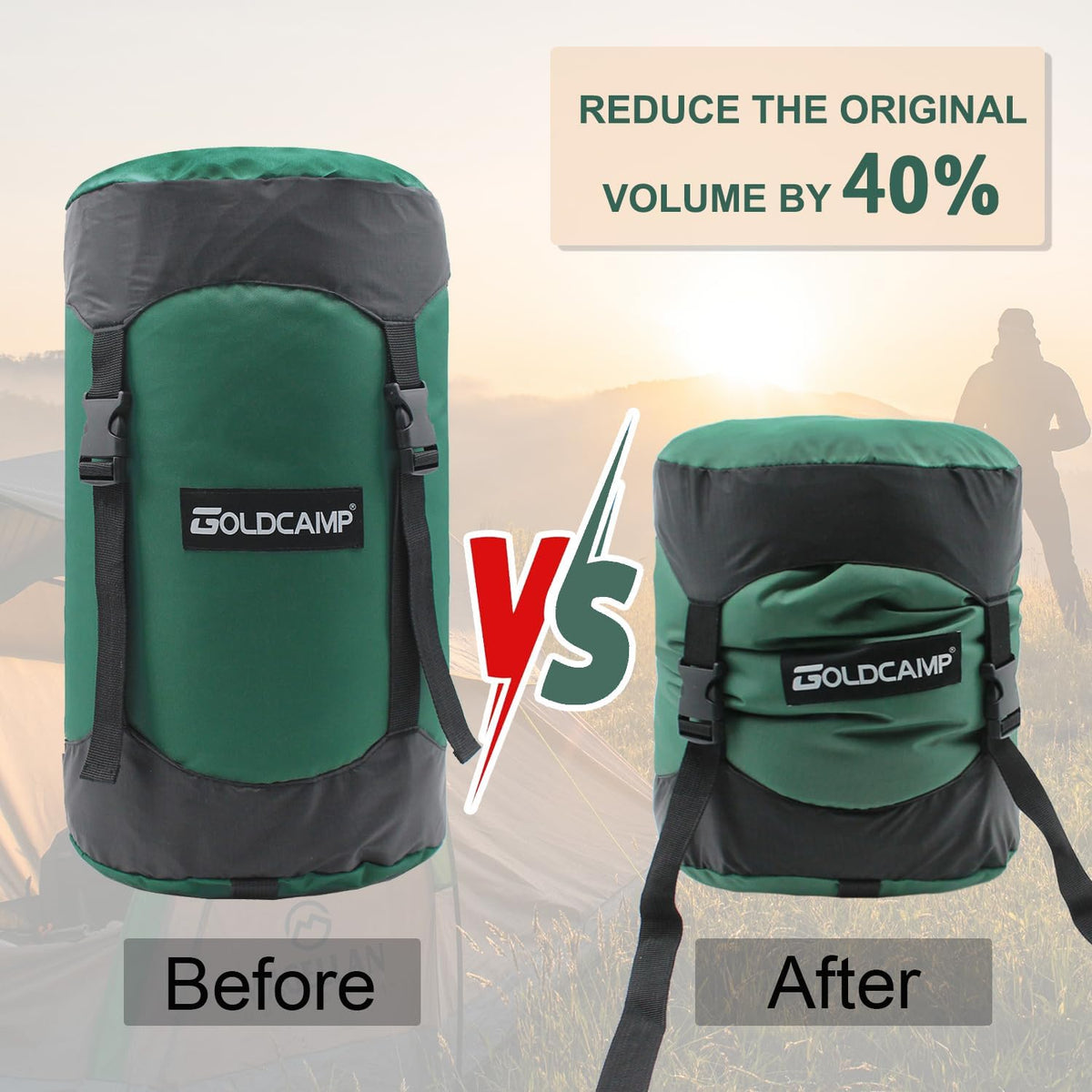 GoldCamp compression stuff sack for Ultralight sleeping bag, space saving gear with dust flap,18L/30L/43L/49L/65L Compression Stuff Sack, Waterproof, Camping, Travel, Outdoor, Backpacking(Green, M)