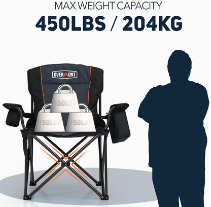 Overmont Oversized Folding Camping Chair - 450lbs Support with Padded Cushion Cooler Pockets - Heavy Duty Collapsible Chairs for Sports Garden Beach Fishing