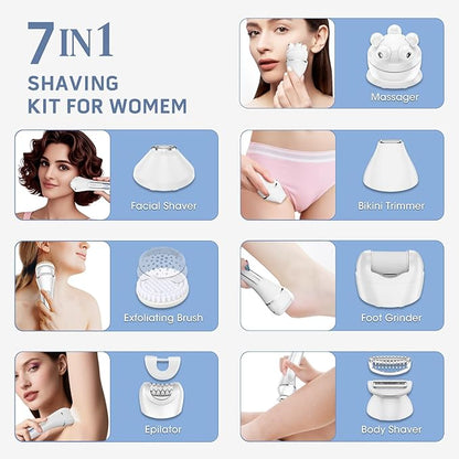Electric Shavers for Women, 7 in 1 Hair Removal Kit with Epilator Bikini Trimmer Face Razor Body Brush Face Massager Foot Callus Remover, IPX7 Waterproof Lady Razors Set for Legs Armpit Bikini Pubic