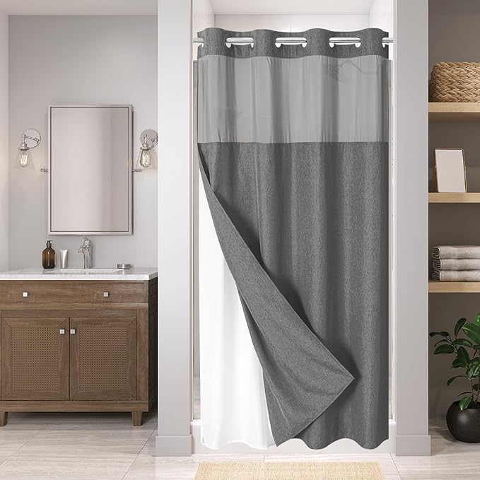Stall No Hooks Needed Linen Textured Shower Curtain with Snap-in Fabric Liner Set,Hotel Luxury Decor Farmhouse Shower Curtains for Bathroom,Waterproof & Washable,54Wx80H,Charcoal Grey