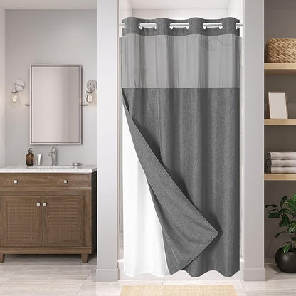 Stall No Hooks Needed Linen Textured Shower Curtain with Snap-in Fabric Liner Set,Hotel Luxury Decor Farmhouse Shower Curtains for Bathroom,Waterproof & Washable,54Wx80H,Charcoal Grey
