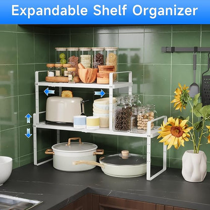 Expandable Cabinet Shelf Organizer, Stackable Kitchen Pantry Counter Storage, Adjustable Closet Cupboard Stand Rack Risers Spice Organization 80LBS Heavy Duty White Large 2 Pack