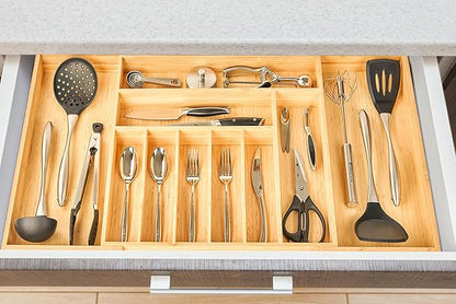 Umilife Extra Large Expandable Kitchen Siverware Utensils Drawer Organizer, 19" Deep for Big Drawer, Adjustable Bamboo Wood Drawer Divider with Curved Grooves, Cutlery Tray Flatware Holder