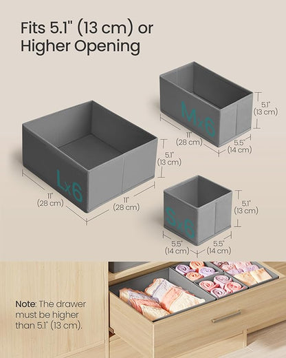 SONGMICS Drawer Organizers, Dresser Divider Organizers, Set of 18, Foldable Fabric Storage Boxes for Socks, Underwear, Bras, Ties, Scarves, Dove Gray URDZ006G05