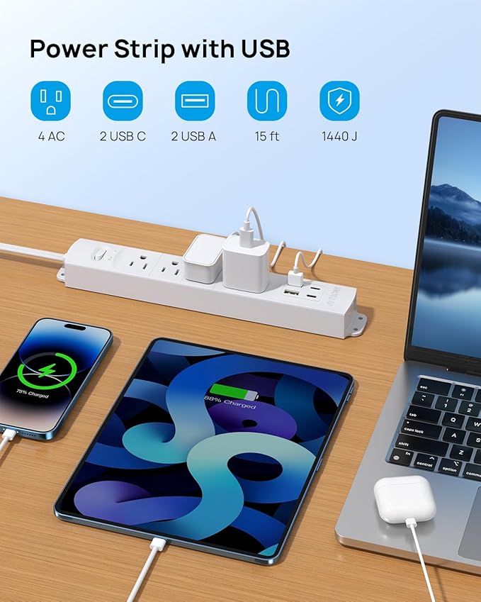 TROND 15ft Long Extension Cord with 2 USB C, ETL Listed, Ultra-Thin Flat Plug Power Strip, Slim Surge Protector, 4 Outlets 4 USB Ports, Wall Mount, Office Accessories Dorm Room Essentials, White
