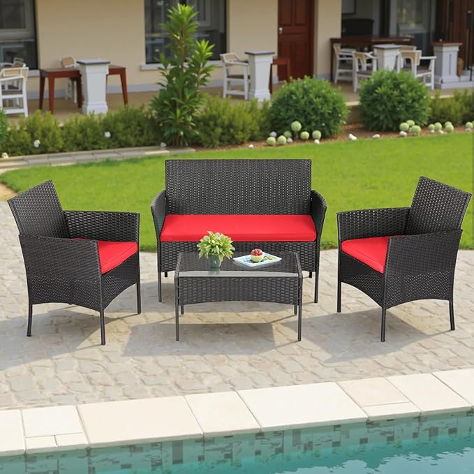 FDW | 4-Piece Patio Furniture Set | Red | Outdoor Wicker Furniture