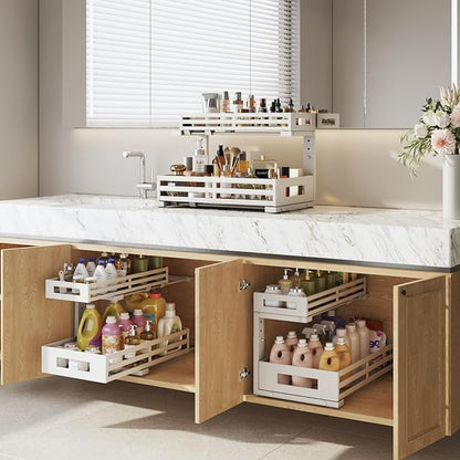 2-Pack 17"Deep Under Sink Organizer And Storage, 2-Tier L-Shaped Pull Out Cabinet Organizer with Upgraded Slide Rails, Height Adjustable Drawers for Kitchen&Bathroom, Extra-Large Storage Shelves–White