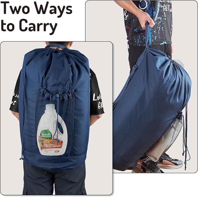 Laundry Bag Backpack with Detergent Holder and Adjustable Shoulder Straps, Clothes Laundry Backpack for College, Travel, Apartment, Laundromat, Dorm Room (Blue)