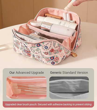 Aveniee Travel Makeup Bag for Women, Large Cosmetic Organizer with Open-Flat Design, Clear Divider & Handle - Waterproof PU Leather Toiletry Case (Floral Pattern)