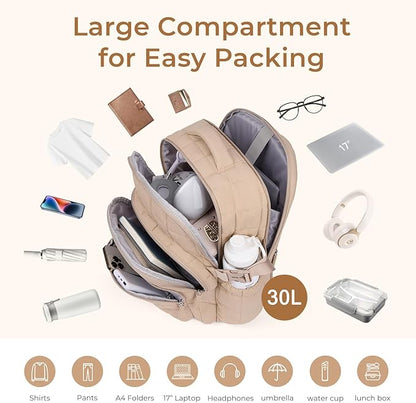 CLUCI 17.3 Inch Laptop Backpack for Women, Anti Theft Travel Backpack, Puffer Quilted Work Backpack, Water Resistant College Bookbag, Carry on backpack with RFID (Khaki)