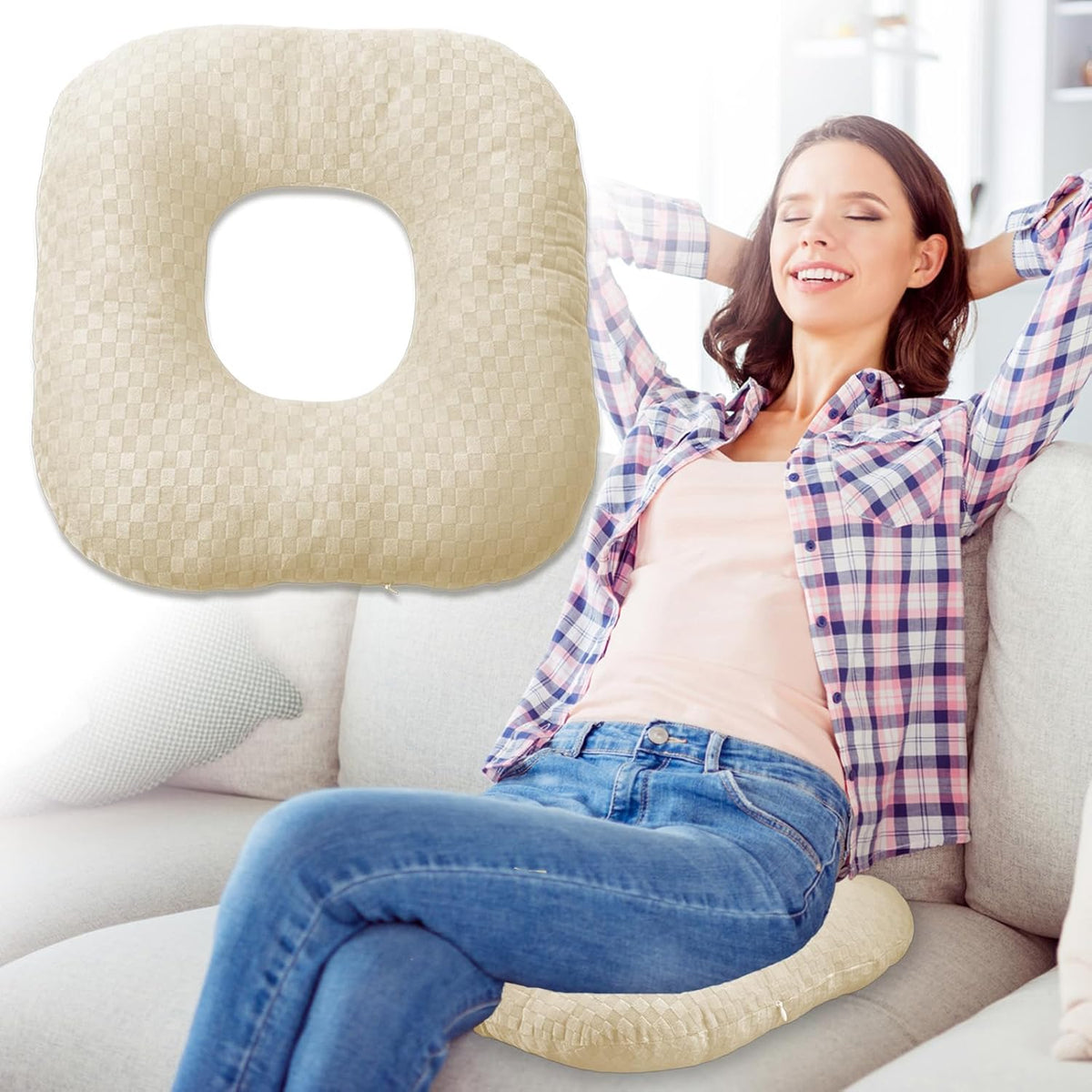Stuffed Donut Pillow Seat Cushion | for Tailbone and Coccyx Pain, Hemorrhoids, Bed Sores, Pregnancy, Prostate, Surgery Recovery, Sitting Pressure Relief, for Home, Office and Car (Beige)