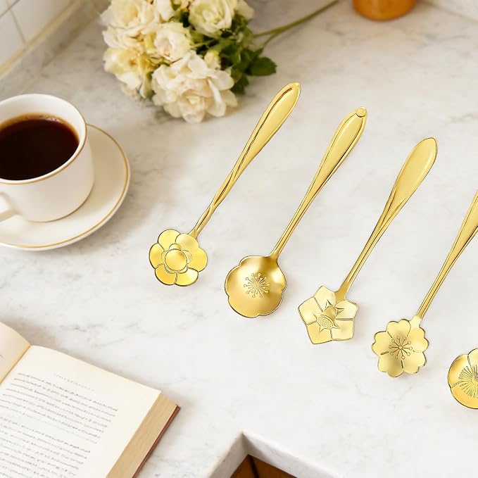 8-Piece Golden Flower Tea Spoon Set | Stainless steel gold spoons;