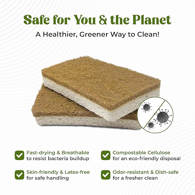 12 Pack Natural Kitchen Sponges - Biodegradable, Compostable, Sustainable Wood Cellulose & Coconut Fiber Sponge for Dishes, Quick Drying & Non Scratch Plant Based Eco Friendly Scrubber for Dishwashing