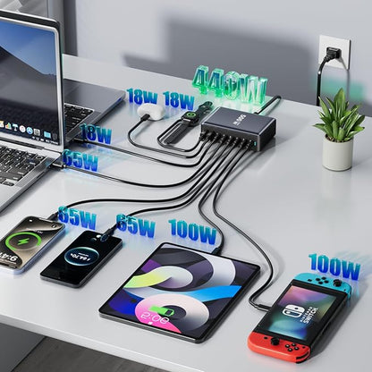 440W Fast Charging 8 Port USB C Charger Block, Multi-Device USB Charging Station Wall Desktop Charger with GaN Ⅲ Technology, USB-C Charger Adapter for MacBook/iPad/iPhone 16/Samsung Galaxy/DELL/HP