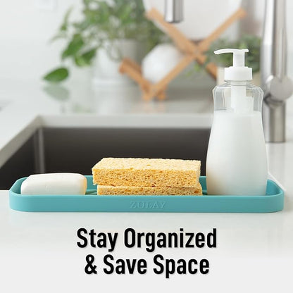 Zulay Kitchen Large Silicone Sponge Holder (12x4) – Flexible Sink Organizer Tray for Kitchen & Bathroom – Multipurpose Soap Dish for Sponges, Makeup, Trinkets & More (Aqua Sky)