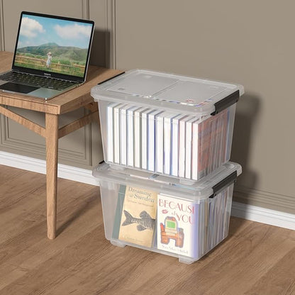 50 Quart Large Plastic Latching Box with Lid, Clear Storage Bin with Wheels, Stackable, 4 Packs