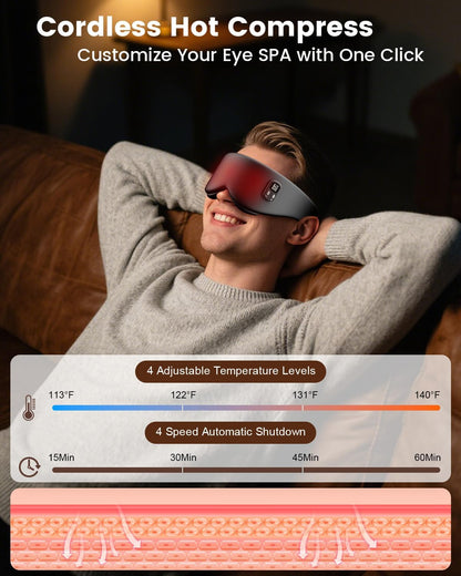 Heated Eye Mask - Cordless Eye Mask for Dry Eyes, Eye Relief, Improved Sleep, Timed Shutdown, 4 Temperature, Washable Silk Eye Heating Pad for Travel, Removable for Cleaning - Black