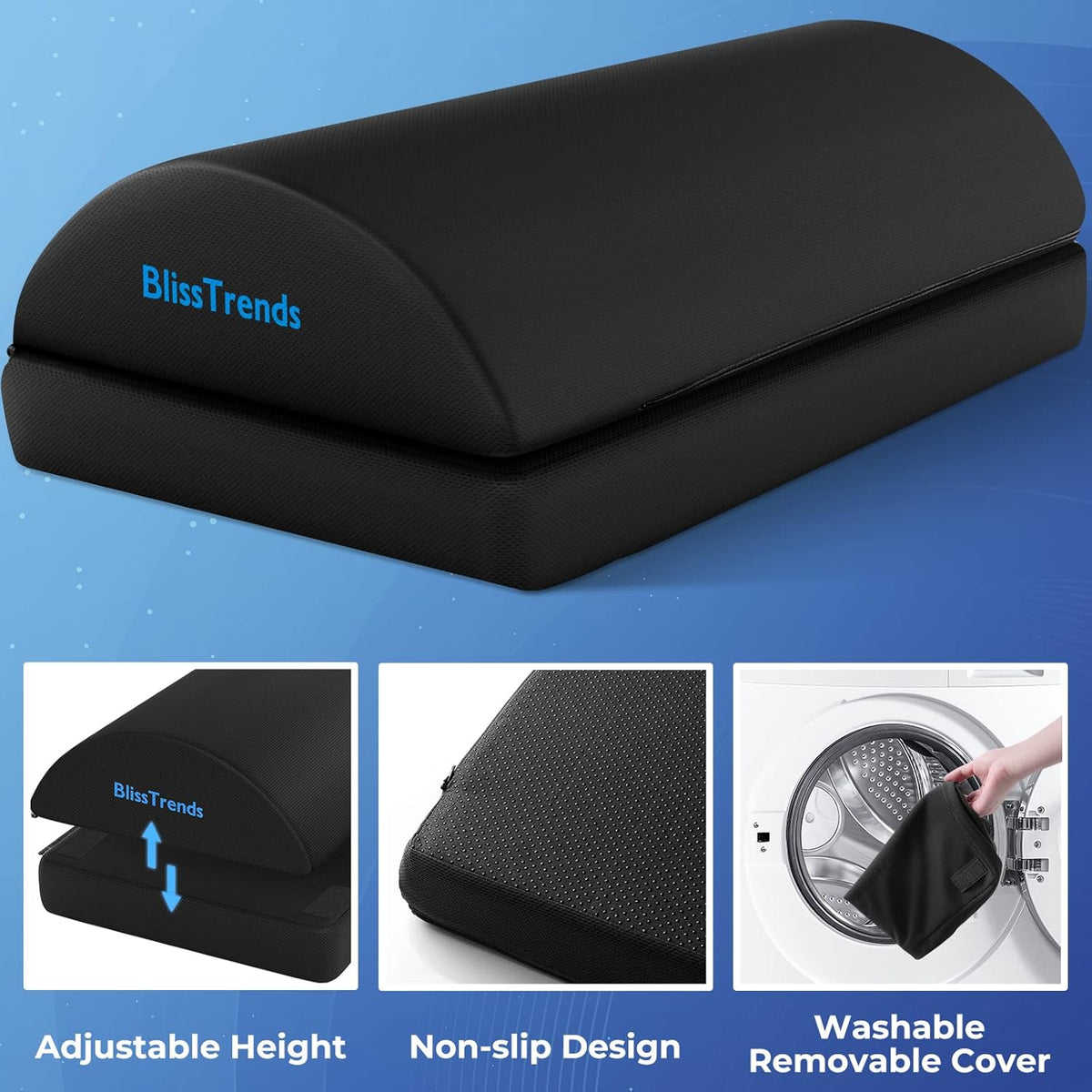 BlissTrends Foot Rest for Under Desk at Work-Versatile Foot Stool with Washable Cover-Comfortable Footrest with 2 Adjustable Heights for Car,Home and Office to Relieve Back,Lumbar,Knee Pain-Black Long