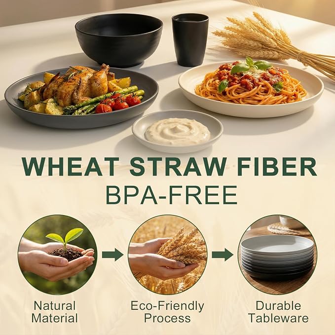 40 Piece Plates and Bowls Sets for 8, Unbreakable Wheat Straw Dinnerware Sets