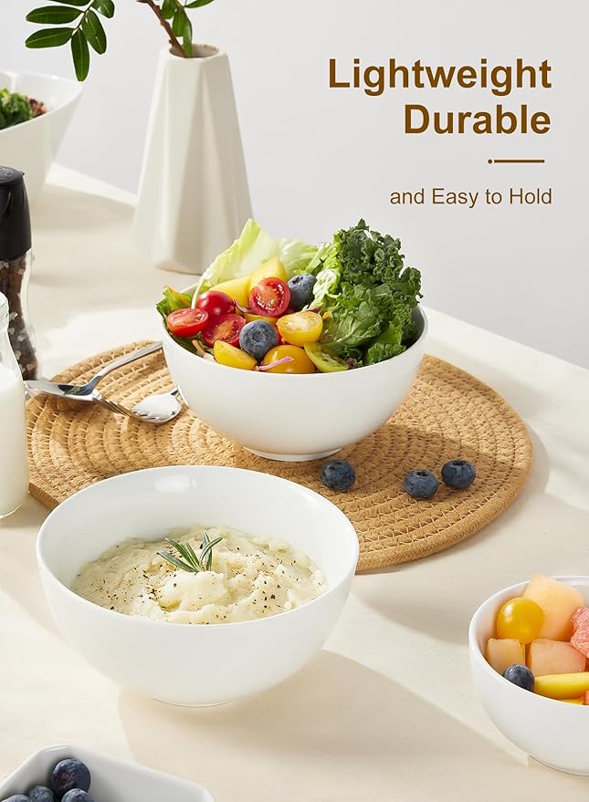 Yedio 22 oz White Porcelain Bowls Set of 4 – Cereal, Soup, Rice, Oatmeal & Salad Bowls – Microwave & Dishwasher Safe, Stackable for Kitchen Use