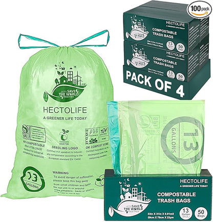 13 Gallon,200 Count, Compostable Trash Bags with Drawstring,Tear Resistant Kitchen Food Scrap Waste Bag, ASTM D6400, US BPI and Europe OK Compost Home Certified