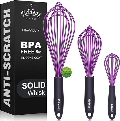 Silicone Whisk, Eddeas Whisk Non-Scratch Coated Whisks set of 3-Heat Resistant(450°F) Kitchen Wisk, Balloon Egg whisk Perfect for Blending, Whisking, Beating & Stirring, Purple