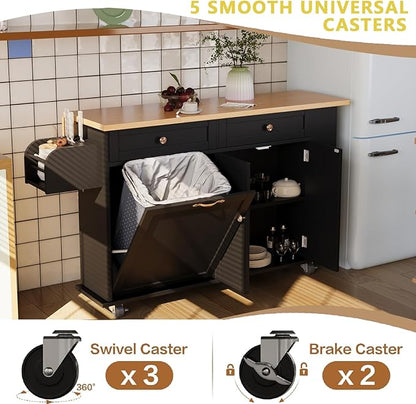 60'' Rolling Kitchen Island with Drop Leaf, Storage Islands Cart with Tilt Out Trash Can Cabinet, Rubber Wood Tabletop, Knife Holder, Wheels, Black
