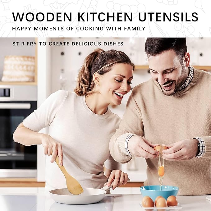 Wooden Spoons for Cooking, 4PCS Wooden Utensil Set Includes Slotted Spoon, Wooden Spoon & Wooden Spatula, Bamboo Cooking Utensils for Non-Stick Pans, Natural Bamboo Utensils