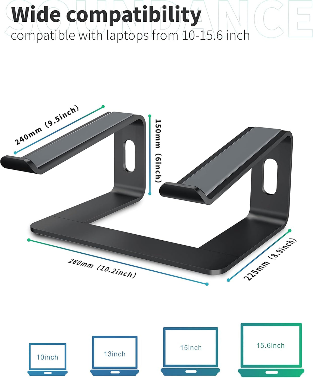 SOUNDANCE Laptop Stand, Aluminum Computer Riser, Ergonomic Laptops Elevator for Desk, Metal Holder Compatible with 10 to 15.6 Inches Notebook Computer, Black