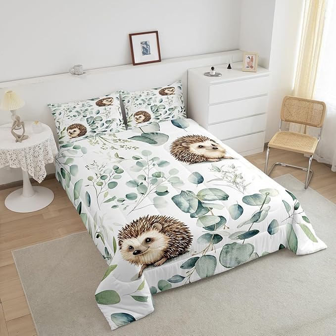 Erosebridal Cute Hedgehog Queen Size Comforter Set for Kids Child Green Eucalyptus Bedding Set, Woodland Animal Down Comforter Botanical Plant Leaves Bed Set, Cartoon Wildlife Quilted Duvet