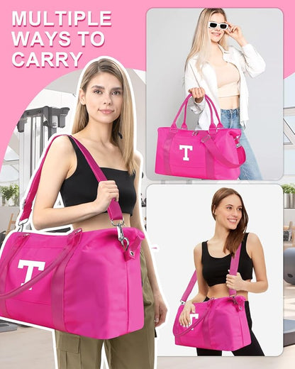Overnight Bag for Kids Teen Girls Weekender Dance Bag Birthday Graduation Gifts,Initial Travel Duffel Bag Sports Gym Bag Personalized Weekender Bag Carry On Bags Preppy Gifts for Women(Hot Pink, T)