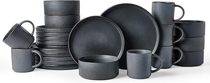 Famiware Star Dinnerware Set with Mugs, Service for 6 (24 Pieces), Ribbed Stoneware Plates and Bowls Dishes Sets - Chip & Scratch Resistant, Microwave & Dishwasher Safe, Matte Dark Charcoal
