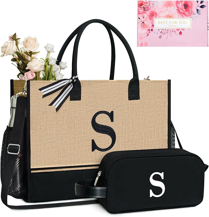 TOPDesign Personalized Initial Canvas Tote Bag, for Wedding, Birthday, Beach, Perfect Gifts for Women, Mom, Teachers, Friends