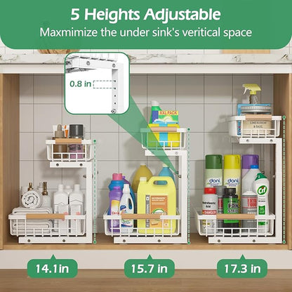 ADRIMER Under Sink Organizer 2 Packs, Pull Out Kitchen Sink Organizer, 2 Tier Slide Out Kitchen Organizers and Storage Bathroom Under Cabinet Storage Shelf, White