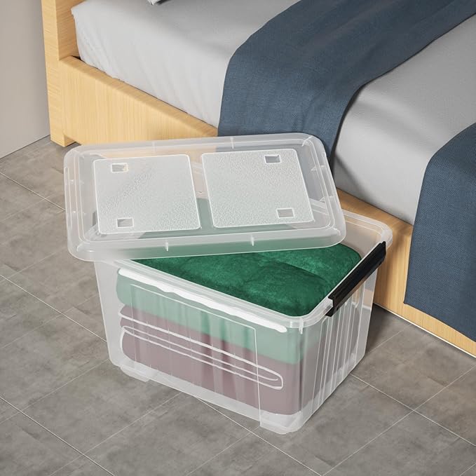 50 Quart Large Plastic Latching Box with Lid, Clear Storage Bin with Wheels, Stackable, 4 Packs